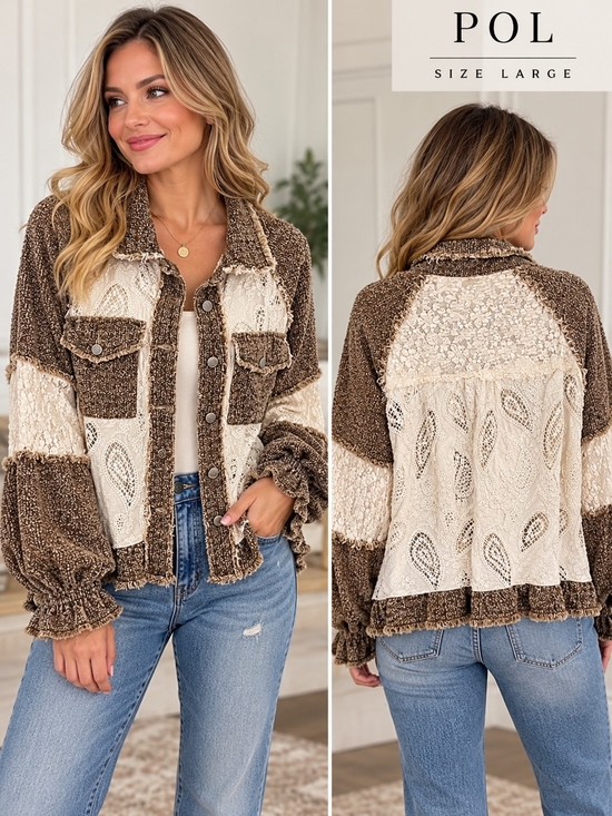 POL Tops - POL Boho Lace Patchwork Textured Button Front Top Jacket Shacket Brown Ivory